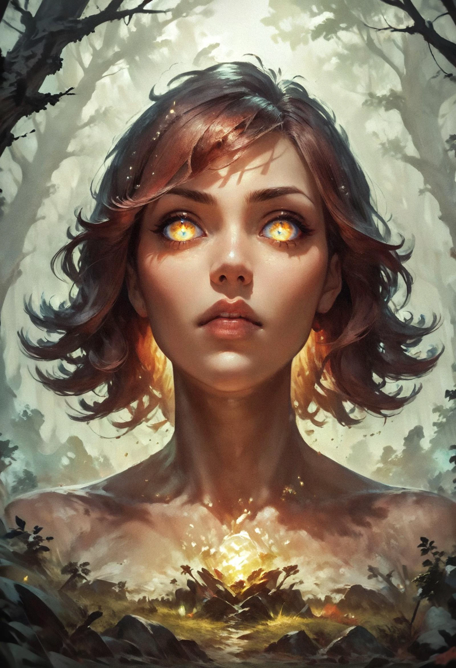 score_9, score_8_up, score_7_up,   hyper realistic, detailed view, hero view, (1girl:1.1), woman solo, standing in the forest, (full glowing body:1.1), night creatures, light elemental, glowing hair, glow  concept art, realistic