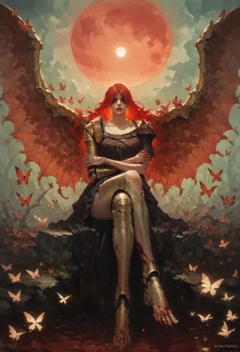 a painting of a woman sitting on a rock with wings