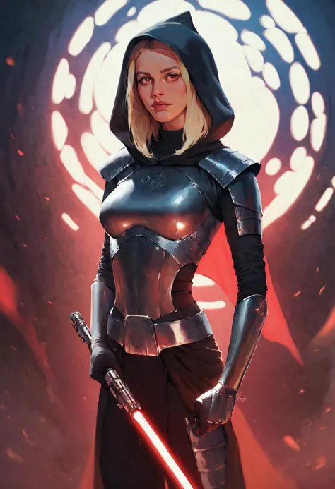 score_9, score_8_up, score_7_up, realistic, star wars, pretty 1girl, blonde hair, red eyes, slim, medium breasts, armored sith r...