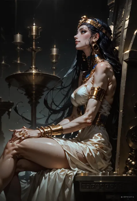 score_9, score_8_up, score_7_up,  side view, (solo), Cleopatra, Egyptian, goddess, pharaoh, sitting on a golden throne, white dr...