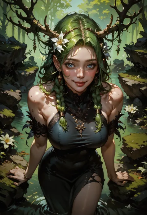 score_9, score_8_up, score_7_up,  dark, from above, (solo), elven girl, standing, bare shoulders, green hair, braids, large breasts, flower hair, antlers, black dress, cute, overgrowth,  sexy pose, looking at viewer, outdoor, moss, rocks, smile, 1girl, delicate and smooth skin, blush, perfect body, thighs, highly detailed, glossy lips,    <lora:Concept Art DarkSide Style LoRA_Pony XL v6:0.8> concept art, <lora:GwentStyle_v2:0.6> gwentstyle  <lora:Expressive_H-000001:0.8> expressiveh <lora:GRIM_v1:0.8> horror (theme)