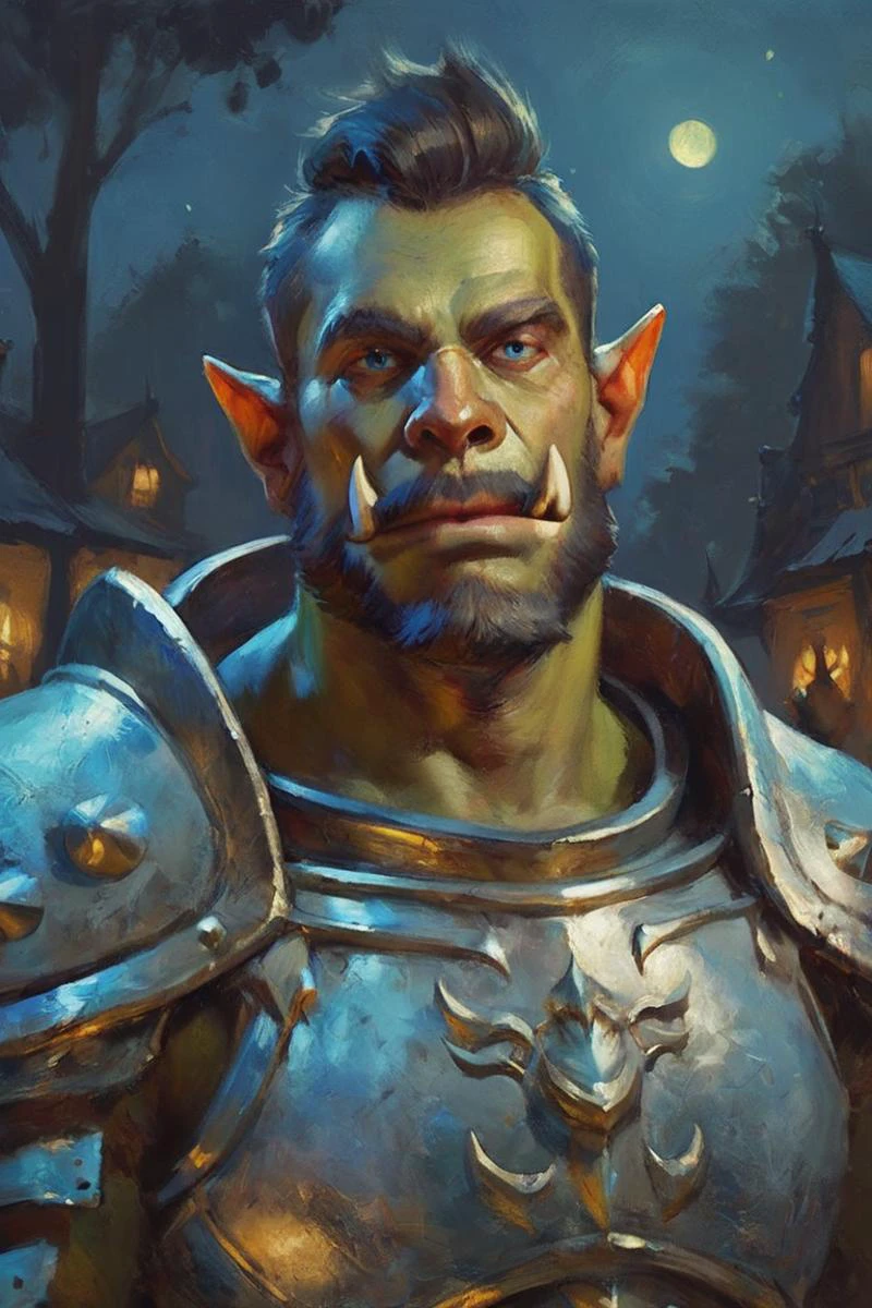 score_9, score_8_up, score_7_up, 1boy, solo, male focus, mature male, orc, green skin, tusks, blue eyes, short hair, black hair, facial hair, beard, mustache, looking at viewer, armor, shoulder armor, breastplate, pauldrons, upper body, closed mouth, standing, outdoors, night, night sky, dark background 