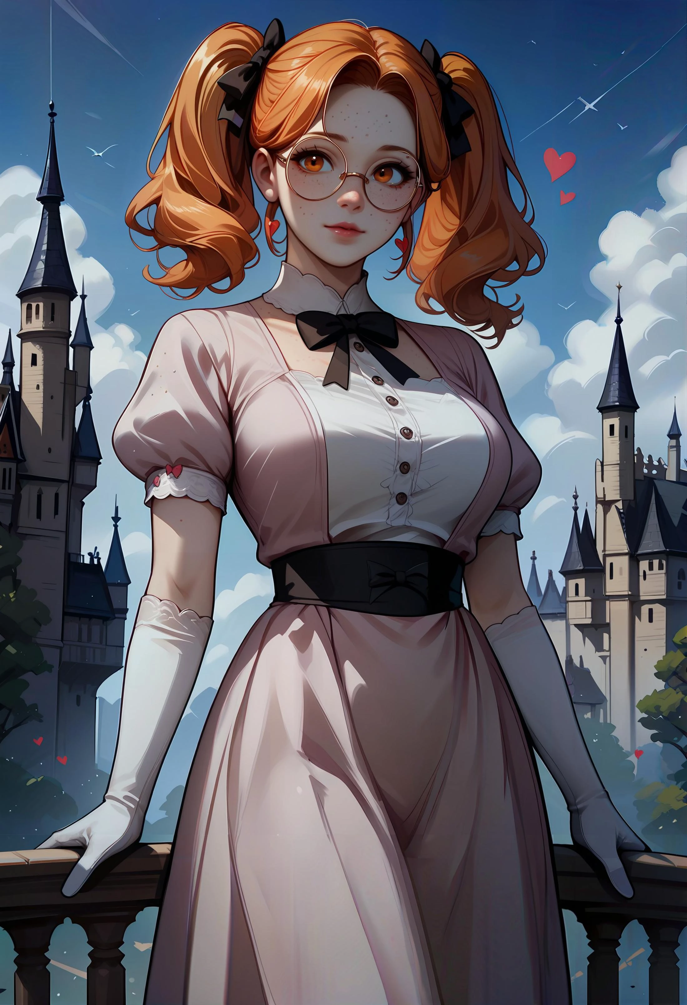 score_9, score_8_up, score_7_up, score_6_up, score_5_up, score_4_up, highly detailed, source_anime,  solo, Wilnayaa, orange hair, orange eyes, mature, twintails, round glasses, 1girl, freckles, big breasts, solo, medium hair, high twintails  1girl, solo, gloves, dress, elbow gloves, heart, lips, pink dress, standing, bow, looking at viewer, socks, short sleeves, puffy short sleeves, brown eyes,  white gloves, background, castle,   
