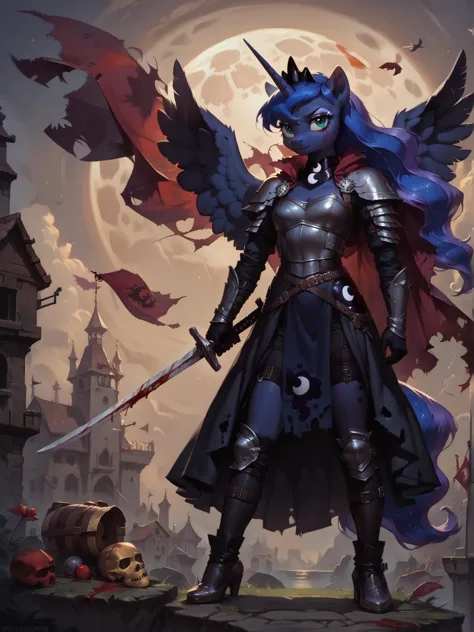 score_9, score_8_up, score_7_up, score_6_up, realistic illustration, 1girl, Princess Luna \(mlp\), (anthro pony:1.1), mature, tail, feather wings, stern face,
gothic armor, crown, full body,
ripped cape, sunset, on a cliff, battlefield, (sword in hand), flag, standard, ornaments, blood on face,
medieval theme, night, moon, dark theme, low light, <lora:Anime Summer Night Style SDXL_LoRA_Pony Diffusion V6 XL:0.3>, <lora:Concept Art Twilight Style SDXL_LoRA_Pony Diffusion V6 XL:0.8> <lora:Realistic000003_1_2.5DAnime_0.05_Merge1:0.5> <lora:[GP] somethingweird [Pony XL]:0.5> <lora:g0th1cPXL:0.4> <lora:Zankuro_Style_Pony:0.4>