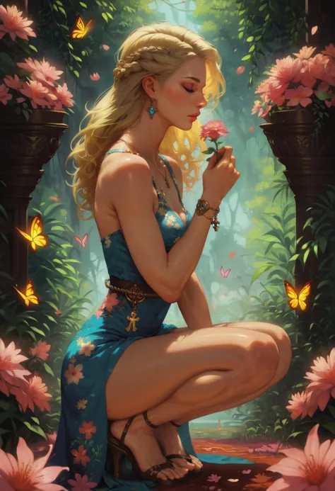 anime artwork Fashion style , score_9, score_8_up, score_7_up, score_6_up, score_5_up, score_4_up, BREAK,background,  beautiful ,petite, 1girl, blonde_hair,loose short colorful floral  sun dress, thigh,, side view, breasts, butterfly, closed_eyes,serene , , hand_on_hip, , makeup, smelling a plant with  pink flowers,green leaves, solo, squatting, professional, highly detailed, bright colors, high contrast, bright sunny background, vivid lighting,realistic
<lora:Pony_DetailV2.0:1>
 <lora:Expressive_H:0.8>   <lora:Kenva:0.51> knva  <lora:Anime Summer Days 2 Style SDXL_LoRA_Pony Diffusion V6 XL:0.7>  <lora:1dkXLP:0.45> 1dk .  key visual,   highly detailed