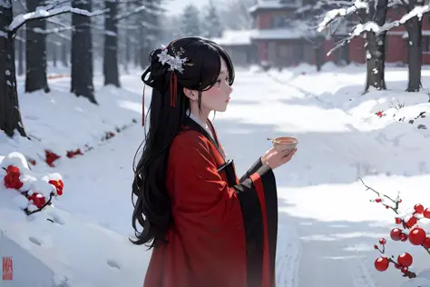 masterpiece, best quality, <lora:hanfu:1>,hanfukozue, 1girl, black hair, snow, pointy ears, long hair, solo, snowing, outdoors, ...