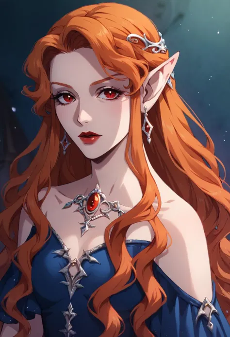 masterpiece,best quality, highly detailed, score_9, score_8_up, score_7_up, score_6_up,BREAK
 lenore, 1girl, solo, long hair, dress, red eyes, upper body, earrings, orange hair, jewelry, blue dress,vampire, pointy ears,