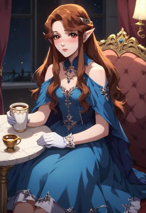 masterpiece,best quality, highly detailed, score_9, score_8_up, score_7_up, score_6_up,BREAK
 lenore, 1girl, gloves, solo, dress, long hair, sitting, brown hair, blush, brown eyes, jewelry, cup, blue dress,pointy ears, vampire,