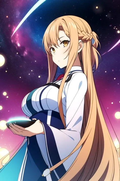 a woman with long hair and a long ponytail standing in front of a space background