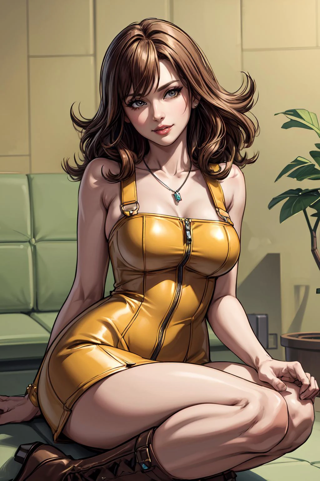 (masterpiece, 8k, 4k, extremely detailed,  dynamic shading, best quality, absurdres:1.4) nice hands, perfect hands, mature, milf, necklace, yellow dress, boots, medium length brown hair with curled tips