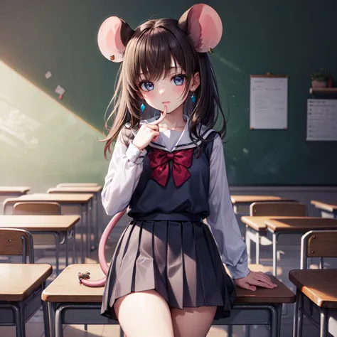 ((best quality)), ((highly detailed)), masterpiece, extremely detailed face, beautiful face, , (1girl), cowboy shot, ((gem earings)), <lora:hairdetailer:.7>, <lora:mouse_girl-1.0:.7>, (mouse girl), black hair, light blue eyes, mouse ears, (mouse tail), cute dress, (indoors, in a classroom, desks, blackboard, a schoolgirl, schoolgirl uniform, pleated skirt, <lora:EraseGroinSkirt:1>)