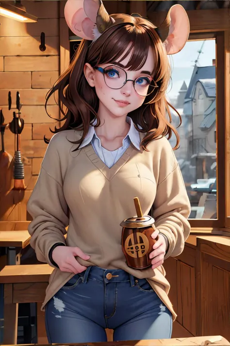 anime girl with glasses and a coffee mug in a cafe