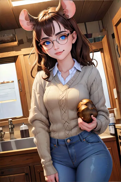 <lora:mousegirl-n15g:1.00>, mouse girl, mouse ears, flannel shirt, jeans, holding a potato, <lora:bzl:0.8>, bzl_test, short wavy brown hair, (blue|grey) eyes, glasses, closed smile, (freckles:0.4) || person, skin, hair, clothing, masterpiece, 8k, high resolution, shallow depth of field, sharp focus