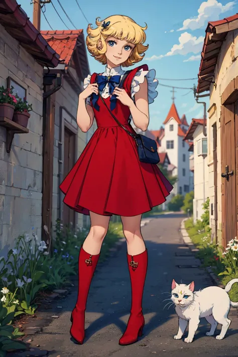 masterpiece, best quality, solo,1girl,looking at viewer,outdoor, <lora:LunlunV1:0.75>,lunlun, boots,going home with a backpack in a  town,smile,white cat