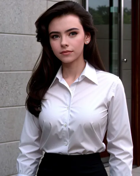 arafed woman in a white shirt and black skirt standing outside