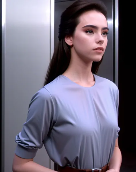 arafed woman in a blue dress standing in front of a elevator