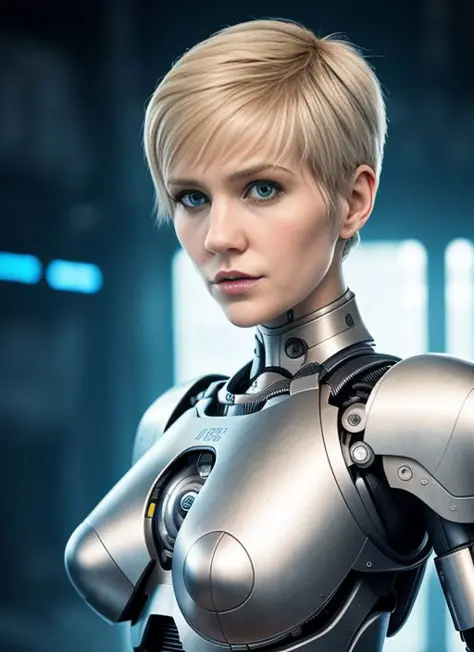 picture, best quality, portrait photo of woman short blonde hair, serious face, robotic body below the neck, cybernetics, cybern...