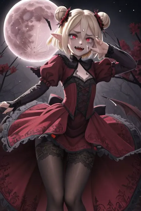 a woman in a red dress and black stockings is standing in front of a full moon