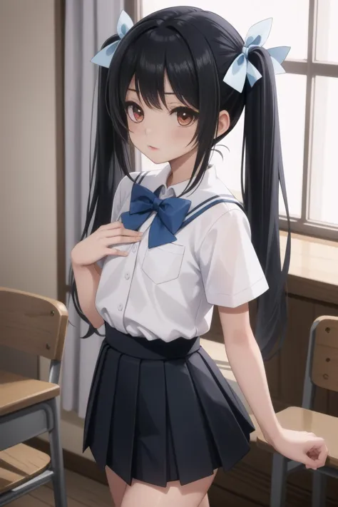 anime girl in school uniform posing in front of a window