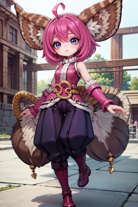 a cartoon picture of a girl with pink hair and a big tail