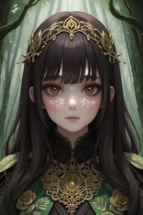 a girl with long hair wearing a crown in a forest