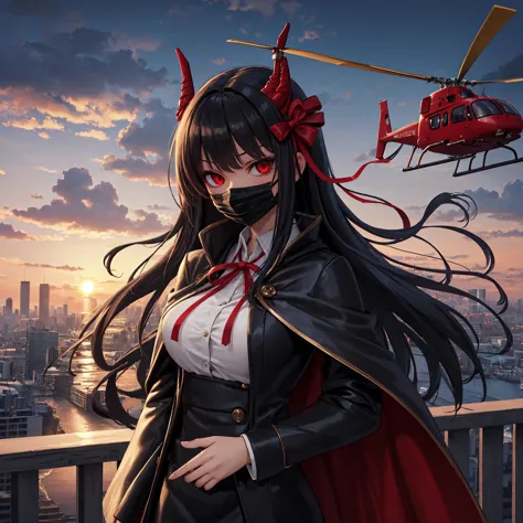 anime girl with a red cape and a black cape over her head