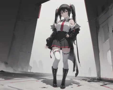 anime girl in a black and white outfit standing in a room