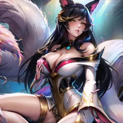 1girl, ahri \(league of legends\), fox ears, tail, breasts, cleavage, multiple_tails, long_hair, black_hair, yellow_eyes, white clothing, red clothing, white tail, 
masturbation, fingering, female_masturbation, grabbing_own_breast,, best quality, masterpie...