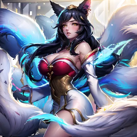 1girl, ahri \(league of legends\), fox ears, tail, breasts, cleavage, multiple_tails, long_hair, black_hair, yellow_eyes, white clothing, red clothing, white tail,, best quality, masterpiece, ultra detailed, illustration,
