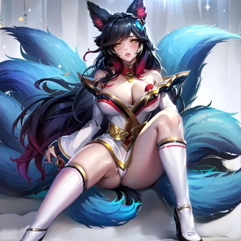 1girl, ahri \(league of legends\), fox ears, tail, breasts, cleavage, multiple_tails, long_hair, black_hair, yellow_eyes, white clothing, red clothing, white tail, 
masturbation, fingering, female_masturbation, grabbing_own_breast,, best quality, masterpie...