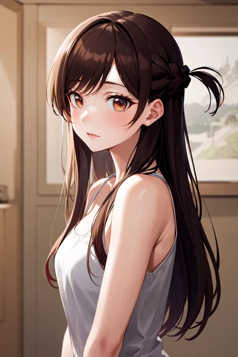 anime girl with long hair and ponytail in a room