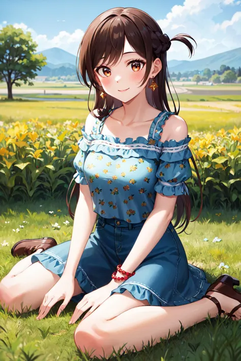 anime girl sitting on the ground in a field of flowers