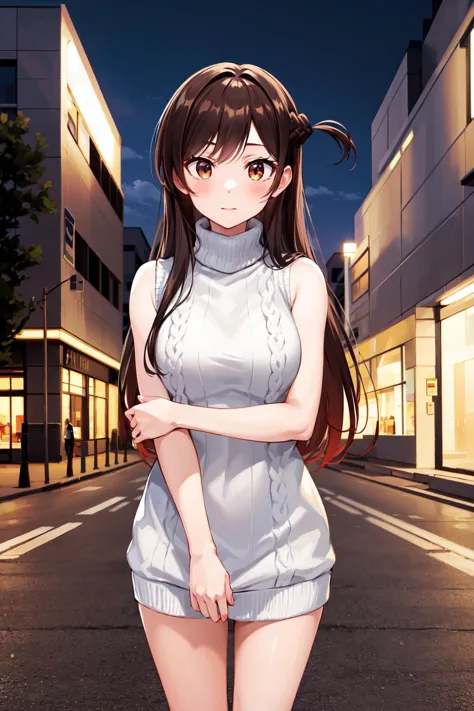 anime girl in a short dress standing on a street corner