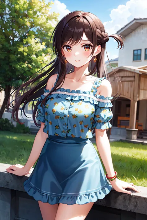 masterpiece, best quality, highres, aachizuru, long hair, one side up, earrings, bare shoulders, floral print, frills, blue shirt, short sleeves, bracelet, blue skirt, <lora:mizuhara_chizuru_v2:0.7>, standing, cowboy shot, outdoors, arms at sides,