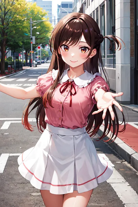 anime girl in a pink shirt and white skirt on a city street