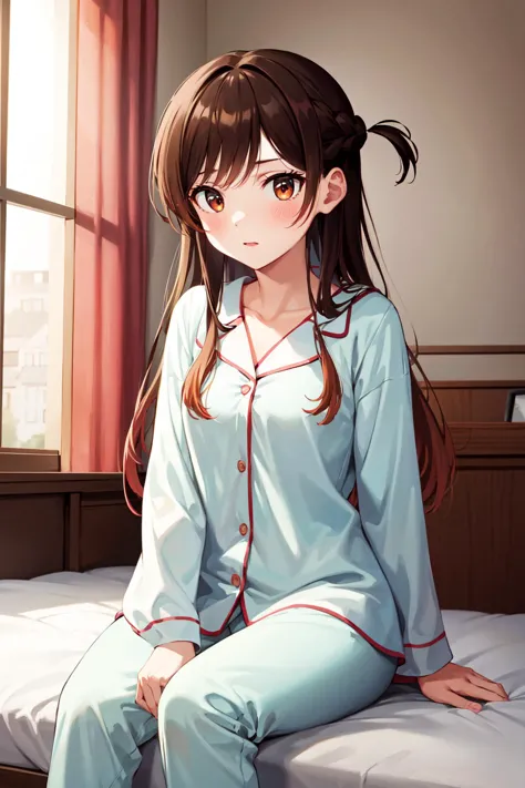 anime girl sitting on a bed in a blue pajamas