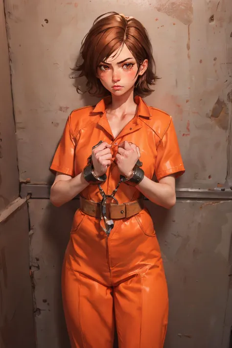 Transport Belt, handcuffs, prison clothes, orange jumpsuit, asuka, brown eyes, short brown hair, looking at viewer, serious, angry, blush, standing, inside prison cell, dust, dark, high quality, masterpiece,