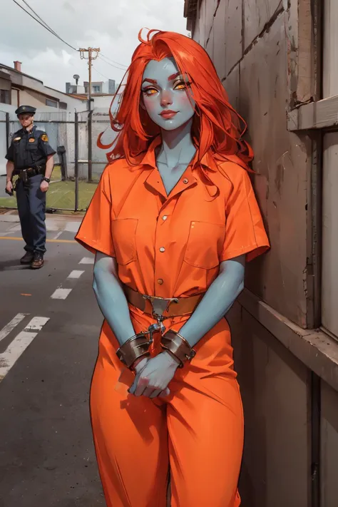 Transport Belt, handcuffs, prison clothes, orange jumpsuit, mystique, yellow sclera, (colored skin, blue skin:1.1), red hair, looking at viewer, serious, smirk, standing, outside, fence, overcast, group of police officers standing, high quality, masterpiece, 