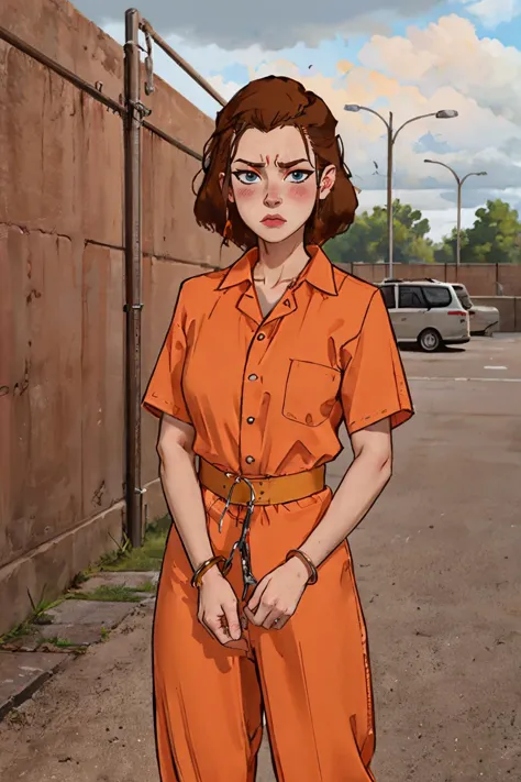 transport Belt, handcuffs, prison clothes, orange jumpsuit, <lora:Realistic_Prison_Transport_Belt:.7>
suki, brown hair, blue eye...