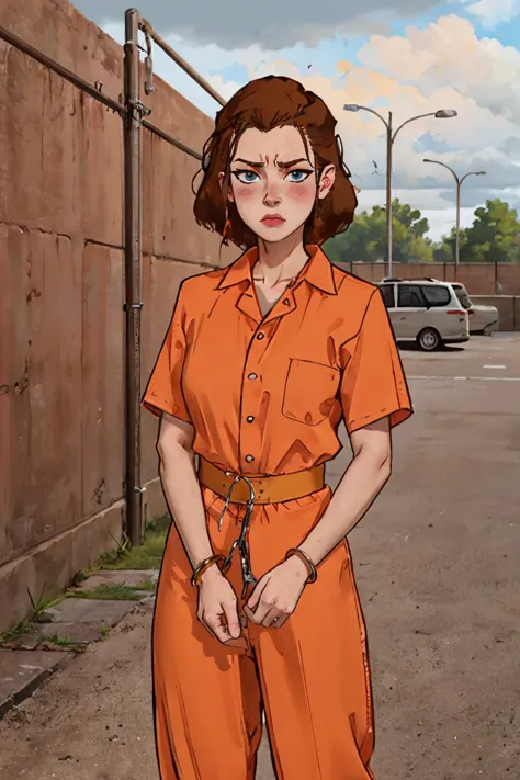 transport Belt, handcuffs, prison clothes, orange jumpsuit, suki, brown hair, blue eyes, looking at viewer, serious, frown, blush, standing, outside, parking lot,  fence, overcast, high quality, masterpiece 