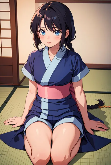 a woman sitting on the floor in a blue and pink outfit