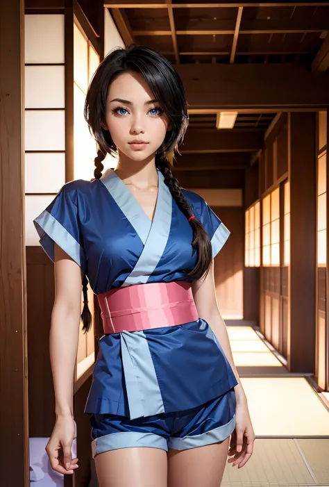 a close up of a woman in a blue and pink outfit