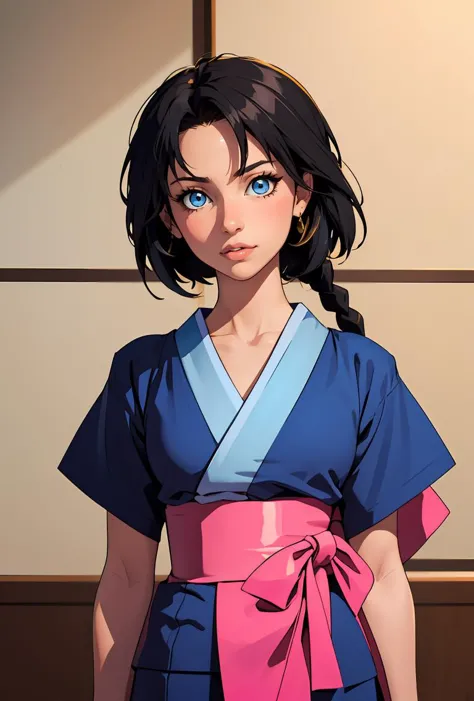 anime girl in a blue and pink kimono outfit with a pink sash