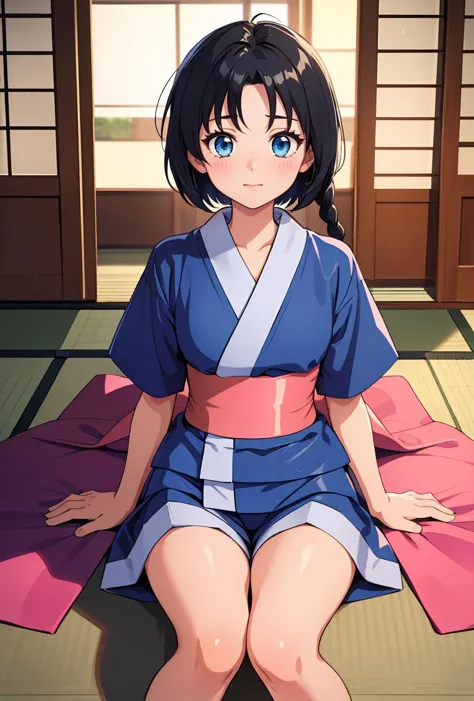 (masterpiece, best quality), 1girl,    <lora:MakimachiMisao:0.8> 1girl,single braid,black hair,long hair,blue eyes,japanese clothes,short sleeves,blue short kimono,pink bow,sash,