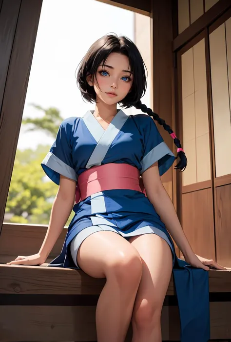 (masterpiece, best quality), 1girl,    <lora:MakimachiMisao:0.8> 1girl,single braid,black hair,long hair,blue eyes,japanese clothes,short sleeves,blue short kimono,pink bow,sash,