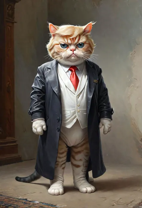 painting of a cat dressed in a suit and tie standing in a room