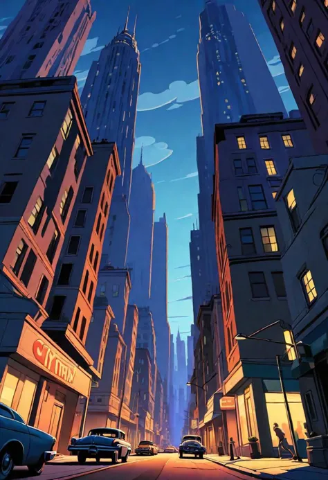 Animated series in the style of Bruce Timm, city in low angle shot, dusk,
