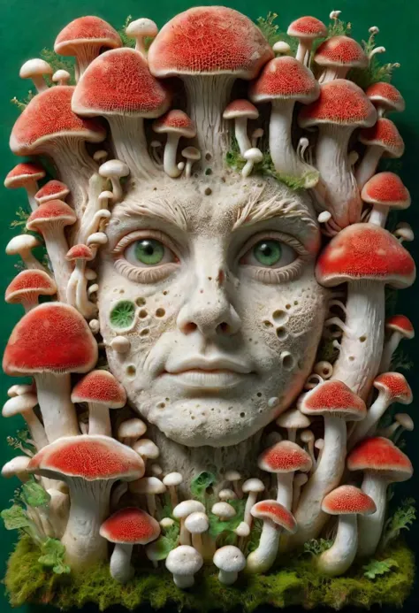 ral-mycelium, mushrooms colony with faces, by Chris Mars, red, white, green