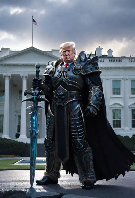 lichking Donald Trump with sword, opposite White House