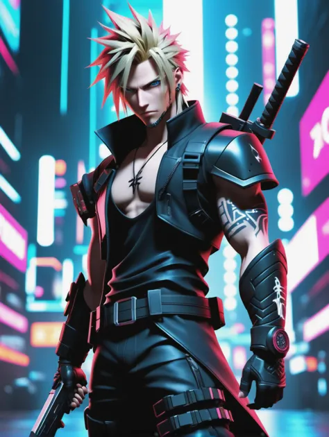 Techwear fashion, realistic cyberpunk style photo of Cloud Strife (Final Fantasy VII) as a assassin is holding hand gun with fac...